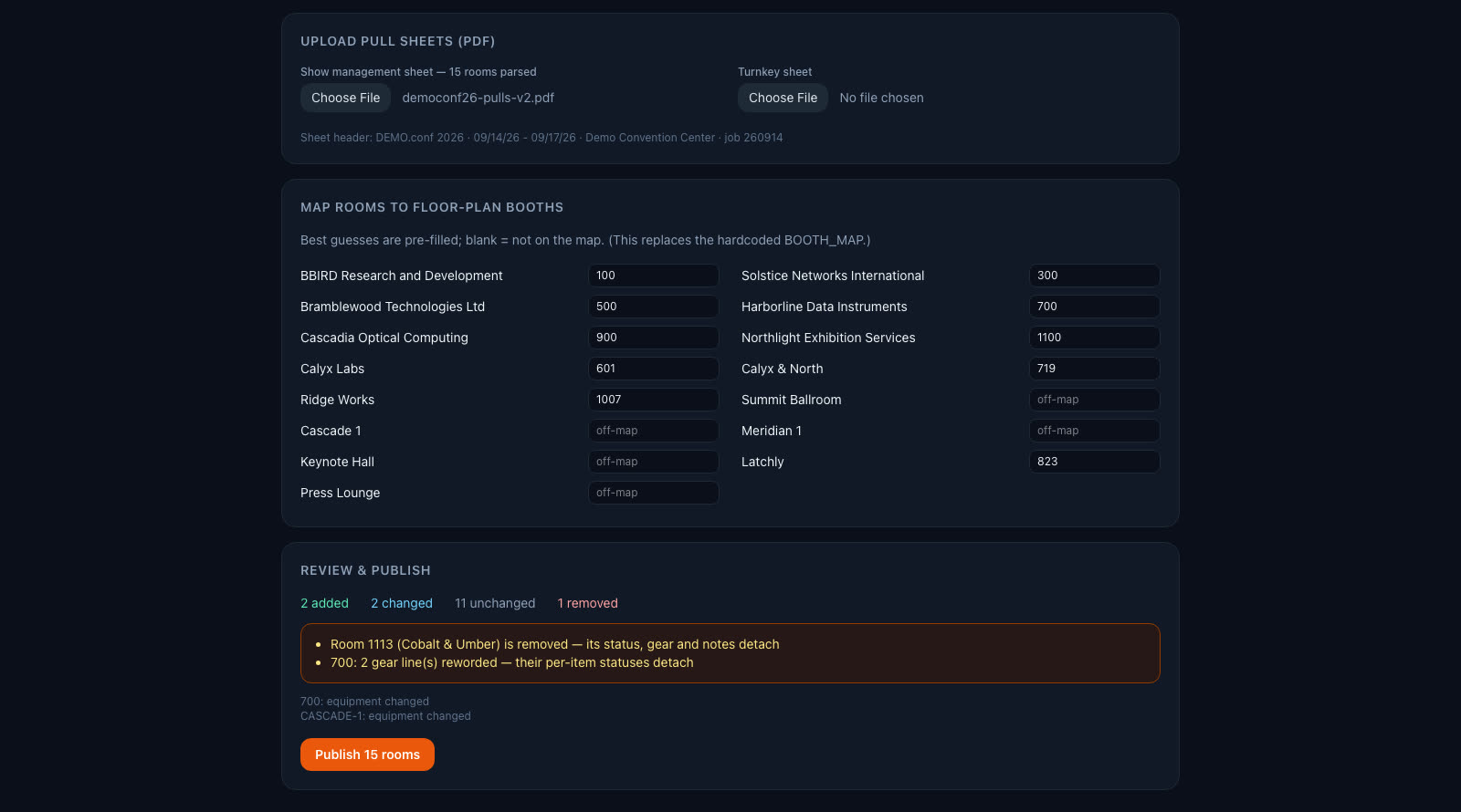 The console — pull-sheet import with review-before-publish