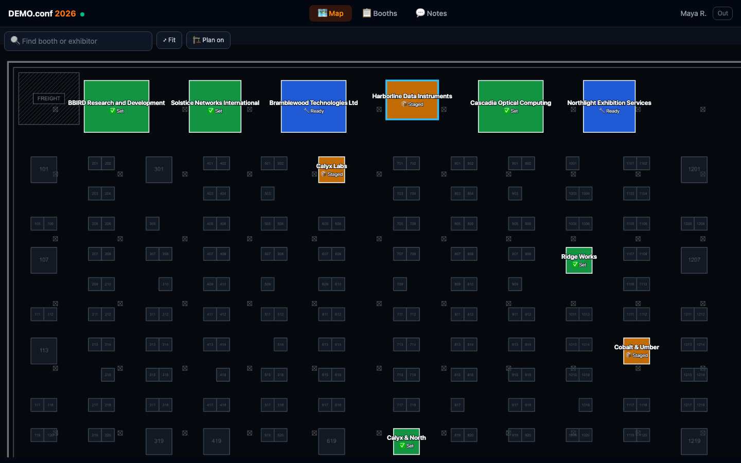 The crew app — floor plan with live booth status